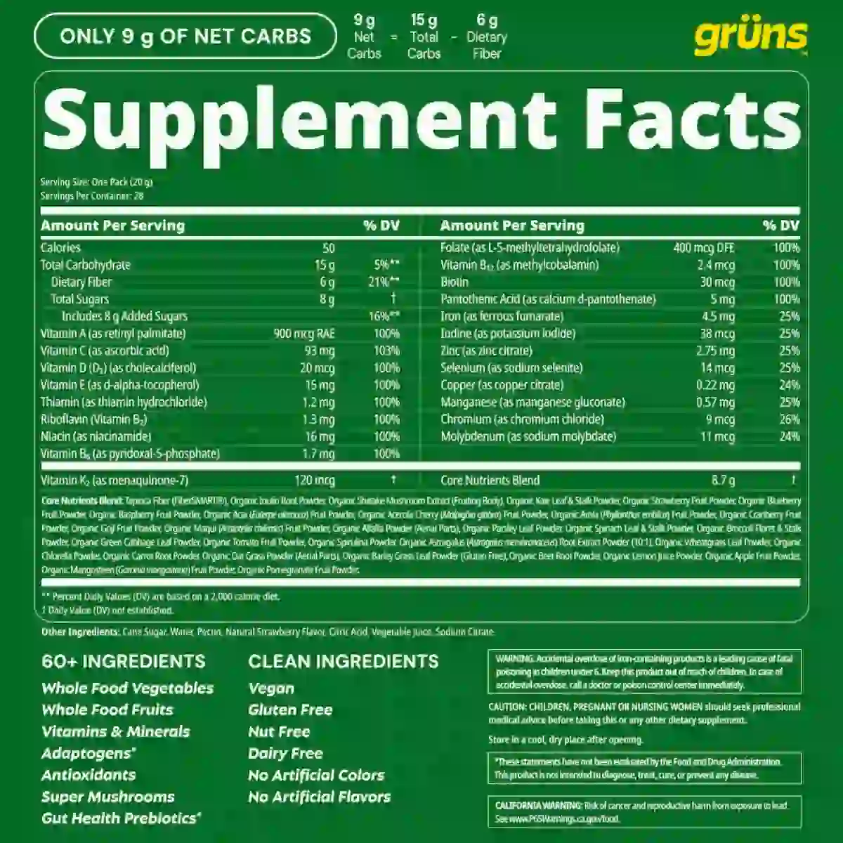 Grüns Superfood Green Gummies supplement facts